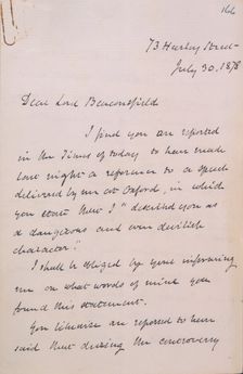 Letter from Gladstone to Disraeli, 1878. Creator: William Ewart Gladstone
