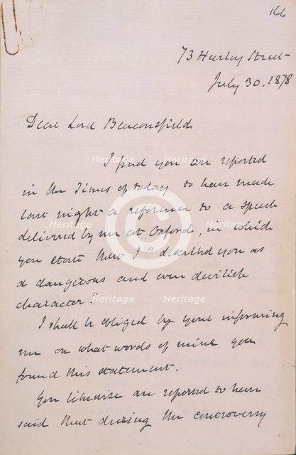 Letter from Gladstone to Disraeli, 1878. Creator: William Ewart Gladstone.