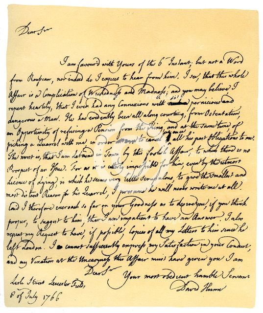Letter from David Hume to Richard Davenport, 8th July 1766.Artist: David Hume