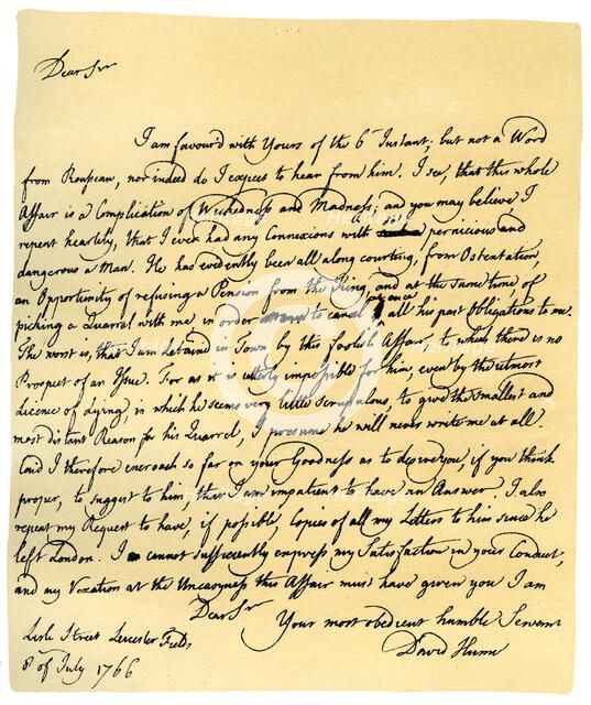 Letter from David Hume to Richard Davenport, 8th July 1766.Artist: David Hume