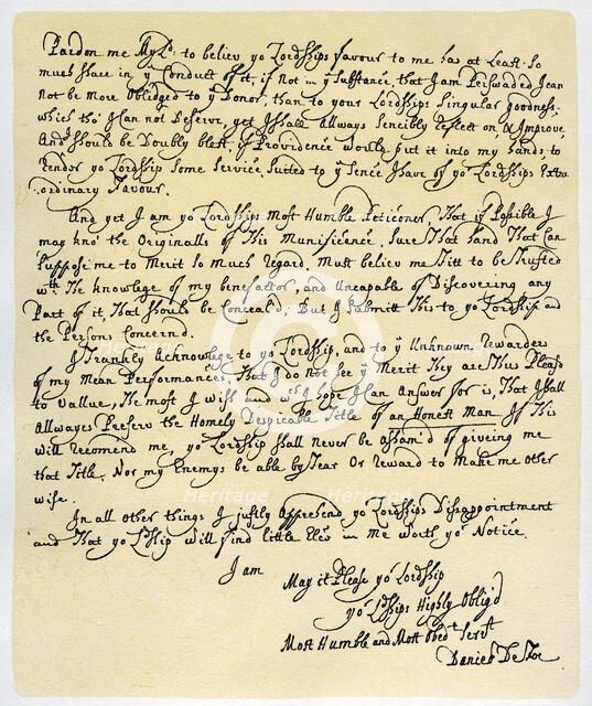 Letter from Daniel Defoe to Charles Montague, 1705.Artist: Daniel Defoe