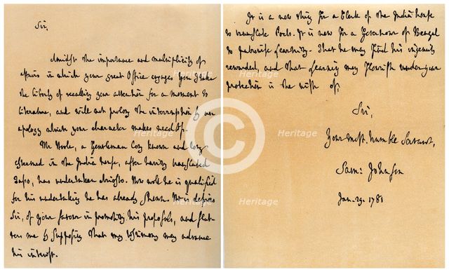 Letter from Dr Samuel Johnson to Warren Hastings, 29th January 1781.Artist: Dr Samuel Johnson