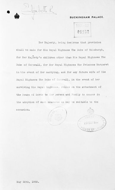 Letter from Elizabeth II, 20th May 1952 re royal succession. Creator: Queen Elizabeth II.