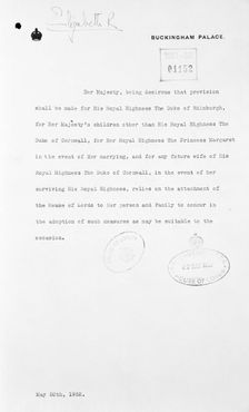 Letter from Elizabeth II, 20th May 1952 re royal succession. Creator: Queen Elizabeth II