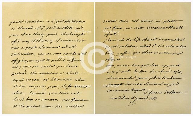 Letter from Francois Marie Arouet de Voltaire to George Keat, 16th January 1760.Artist: Voltaire