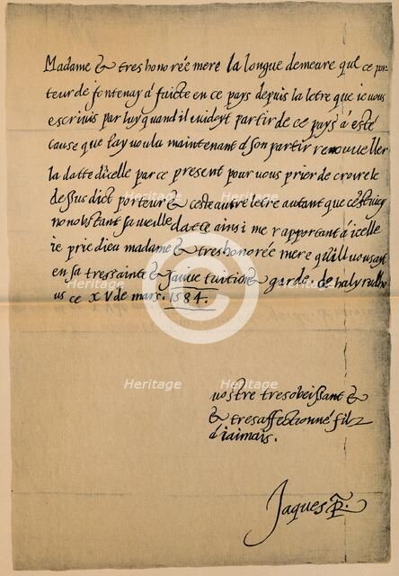 Letter from King James VI (1566-1625) to his Mother, Queen Mary (1542-1587), 1584-5'. Artist: King James I