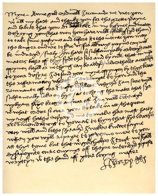 Letter from Henry VIII to Cardinal Wolsey, c1518.Artist: King Henry VIII