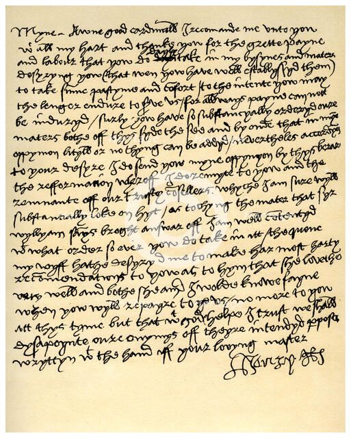 Letter from Henry VIII to Cardinal Wolsey, c1518.Artist: King Henry VIII