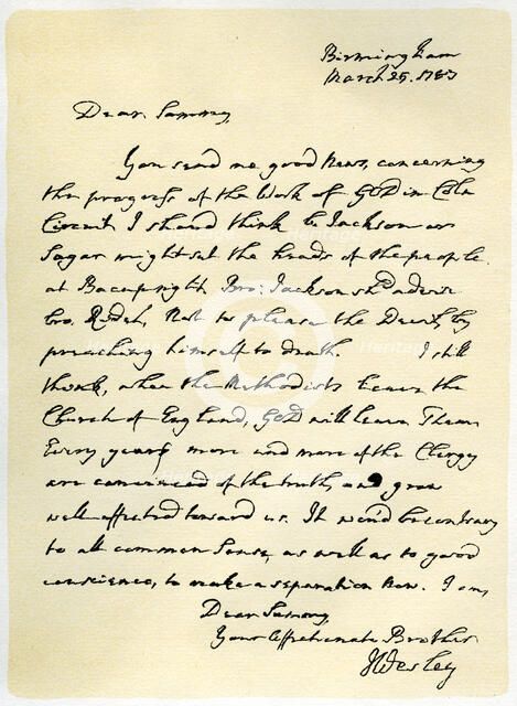 Letter from John Wesley to Samuel Bradburn, 25th March 1783.Artist: John Wesley