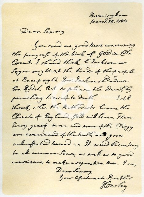 Letter from John Wesley to Samuel Bradburn, 25th March 1783.Artist: John Wesley