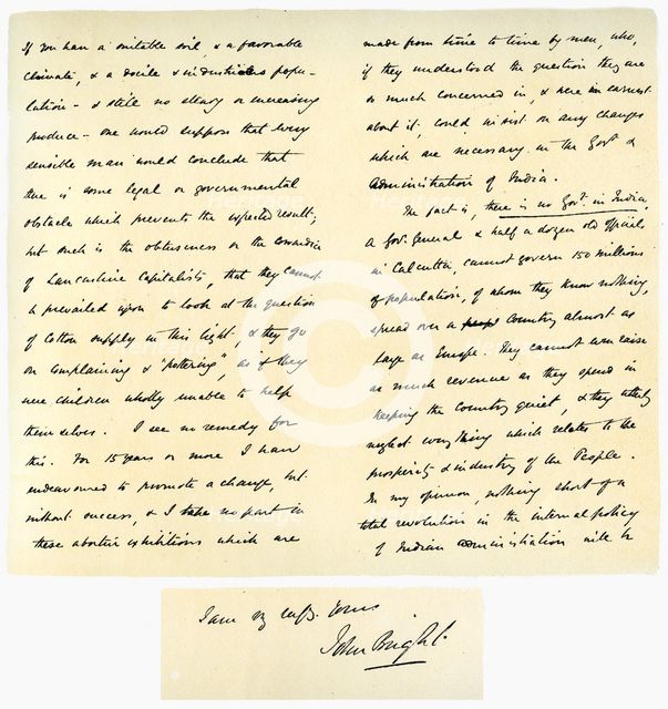 Letter from John Bright to Colonel Rathbone, 23rd January 1861.Artist: John Bright