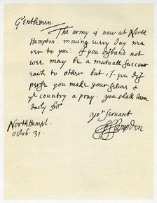Letter from John Hampden to Colonel Bulstrode after the Battle of Edgehill, 31st October 1642.Artist: John Hampden