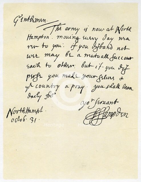 Letter from John Hampden to Colonel Bulstrode after the Battle of Edgehill, 31st October 1642.Artist: John Hampden