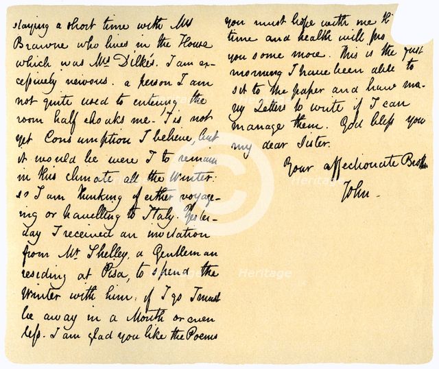 Letter from John Keats to his sister, Fanny Keats, 14th August 1820. Artist: John Keats
