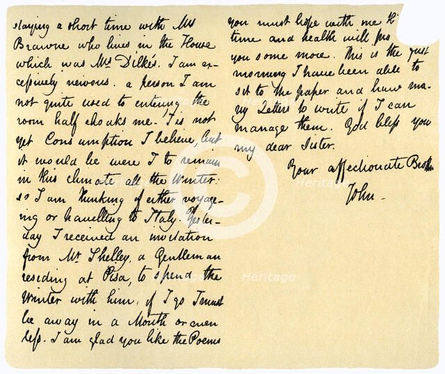 Letter from John Keats to his sister, Fanny Keats, 14th August 1820. Artist: John Keats