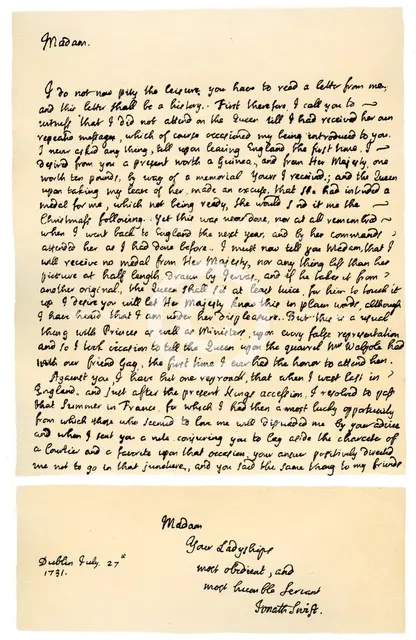 Letter from Jonathan Swift to Henrietta Howard, 21st November 1730.Artist: Jonathan Swift