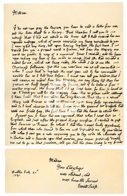Letter from Jonathan Swift to Henrietta Howard, 21st November 1730.Artist: Jonathan Swift