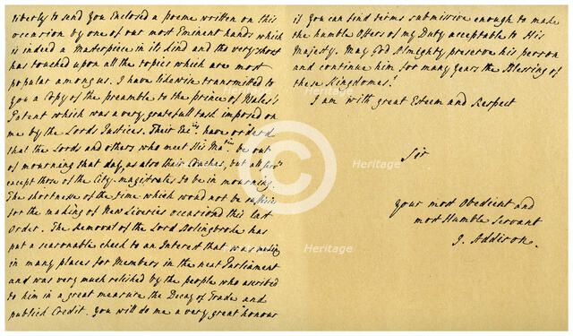 Letter from Joseph Addison to J Robethon, Secretary to George I, 4th September 1714.Artist: Joseph Addison