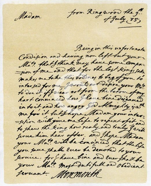 Letter from James, Duke of Monmouth to the Catherine of Braganza, Ringwood, 9th July, 1685.Artist: Duke of Monmouth