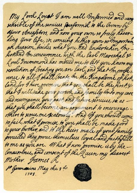Letter from James Edward Stuart to Simon Fraser, Lord Lovat, St Germains, 3rd May 1703.Artist: James Stuart