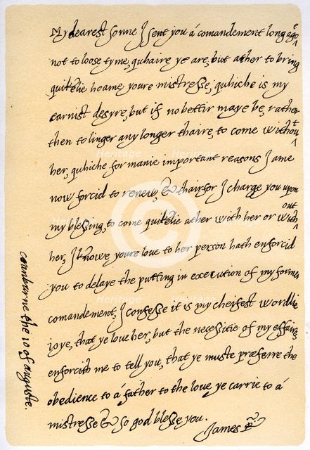 Letter from James I to his son, Charles, Prince of Wales, 10th August 1623.Artist: King James I