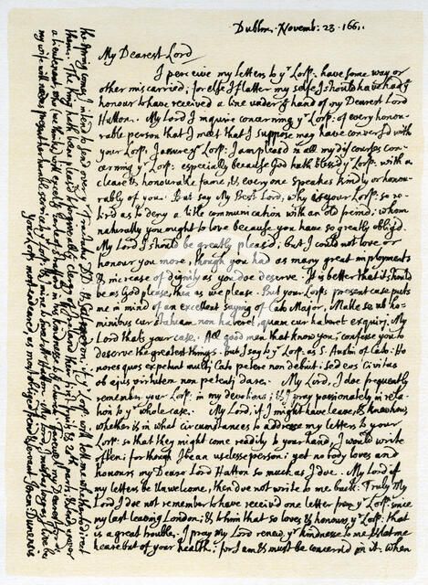 Letter from Jeremy Taylor to Lord Hatton, 23rd November 1661.Artist: Jeremy Taylor