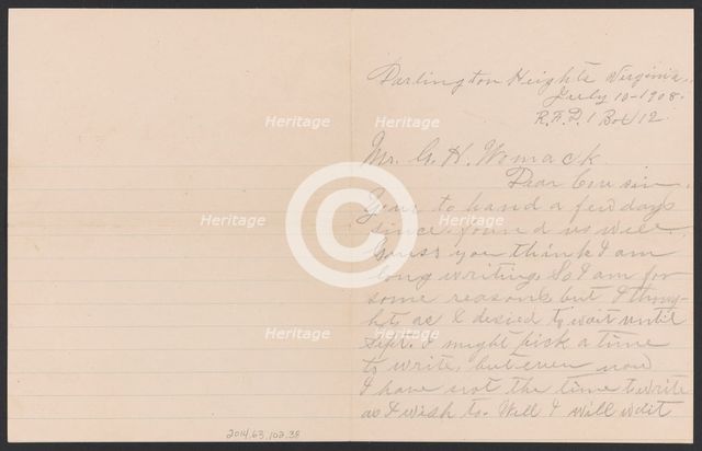 Letter from Julia Jordan to G. H. Womack, July 10, 1908. Creator: Julia Womack.
