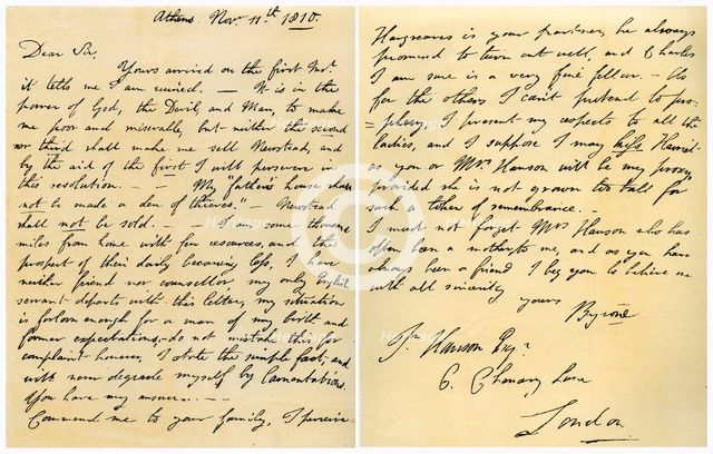 Letter from Lord Byron to John Hanson, 11th November 1810.Artist: Lord Byron