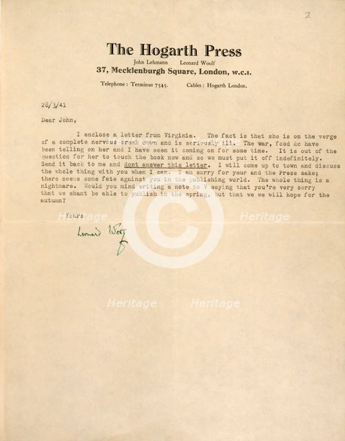 Letter from Leonard Woolf to John Lehmann about Virginia Woolf's illness, 1941. Creator: Leonard Woolf.