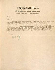 Letter from Leonard Woolf to John Lehmann about Virginia Woolf's illness, 1941. Creator: Leonard Woolf