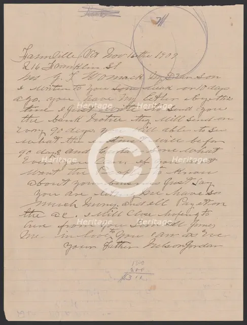 Letter from Nelson Jordan to Julia Womack with an envelope, November 16, 1909. Creator: Nelson Jordan.