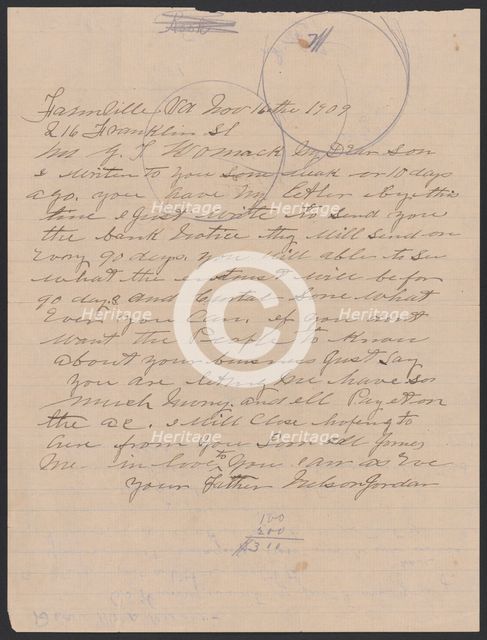 Letter from Nelson Jordan to Julia Womack with an envelope, November 16, 1909. Creator: Nelson Jordan.