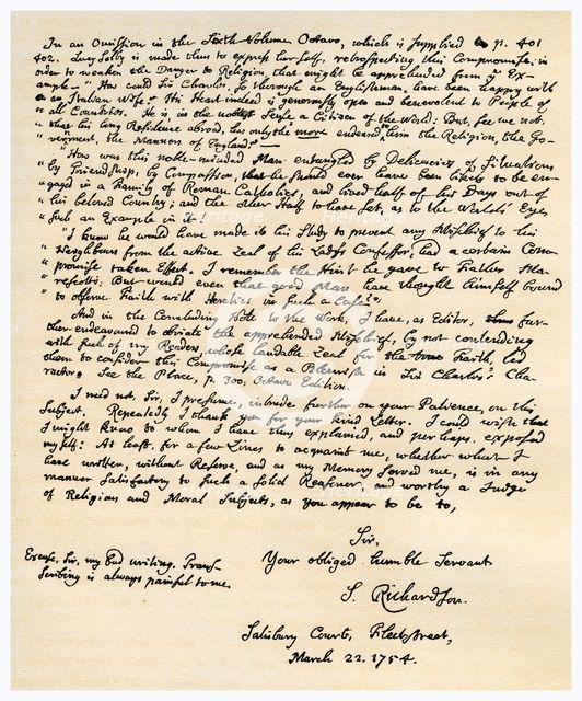 Letter from Samuel Richardson, 22nd March 1754.Artist: Samuel Richardson