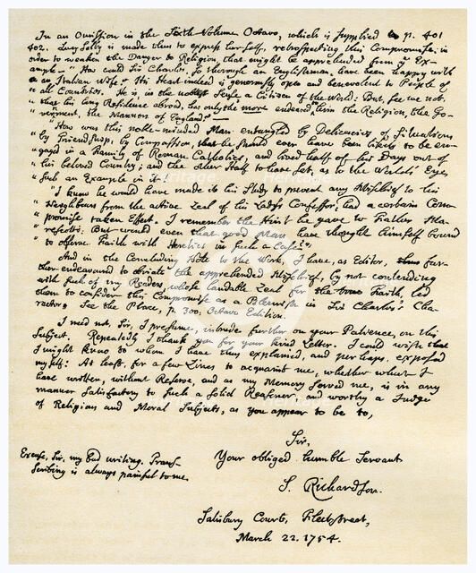 Letter from Samuel Richardson, 22nd March 1754.Artist: Samuel Richardson
