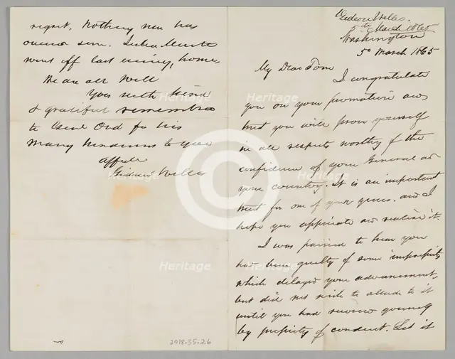 Letter from Secretary Gideon Welles to his son Thomas, March 5, 1865. Creator: Gideon Welles.