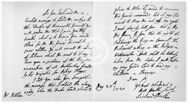 Letter from Sir Richard Steele to Henry Pelham, 27th May 1720. Artist: Richard Steele