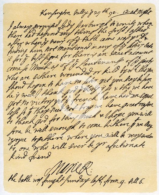 Letter from Queen Mary II to Frances Lumley, 29th July 1692.Artist: Queen Mary II