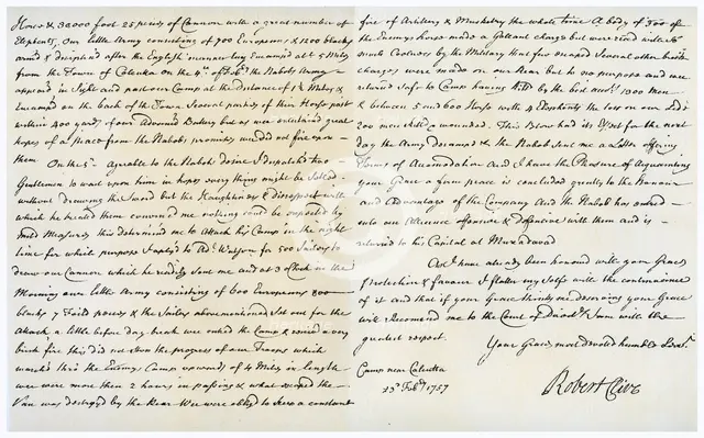 Letter from Robert Clive to Thomas Pelham-Holles, 23rd February 1757.Artist: Robert Clive