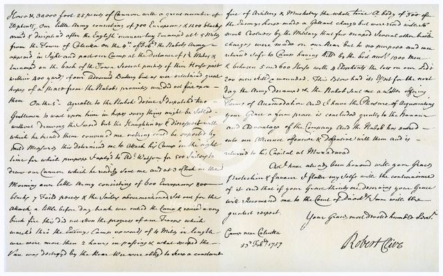 Letter from Robert Clive to Thomas Pelham-Holles, 23rd February 1757.Artist: Robert Clive