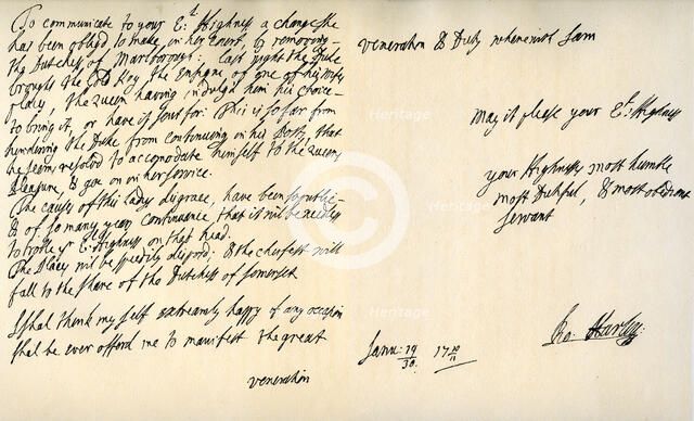 Letter from Robert Harley, Earl of Oxford, to the future King George I, c1711.Artist: Robert Harley, Earl of Oxford