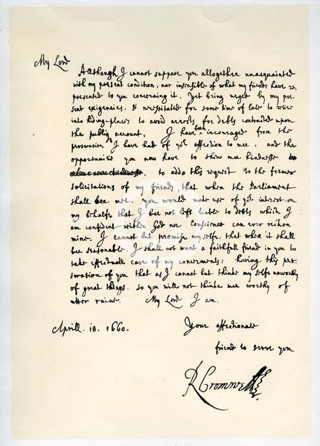 Letter from Richard Cromwell, Lord Protector, to General George Monck, 18th April 1660.Artist: Richard Cromwell