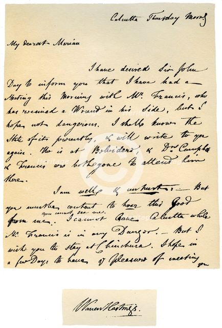 Letter from Warren Hastings, Governor-General of Bengal to his wife, 17th August 1780.Artist: Warren Hastings