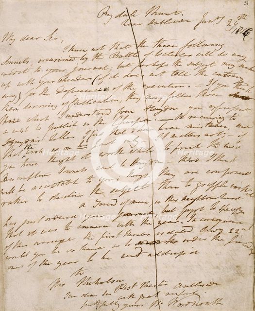 Letter from William Wordsworth to John Scott, editor of "The Champion", 29 Jan 1816. Creator: William Wordsworth.
