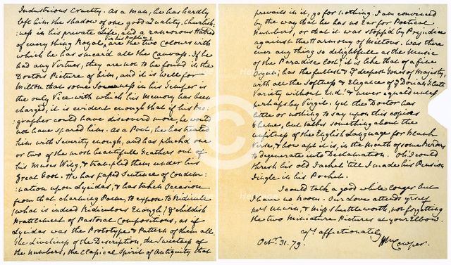 Letter from William Cowper to William Unwin, 31st October 1779.Artist: William Cowper