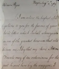 Letter from William Pitt, 1769. Creator: William Pitt the Younger