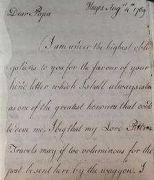 Letter from William Pitt, 1769. Creator: William Pitt the Younger