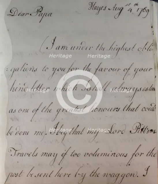 Letter from William Pitt, 1769. Creator: William Pitt the Younger.