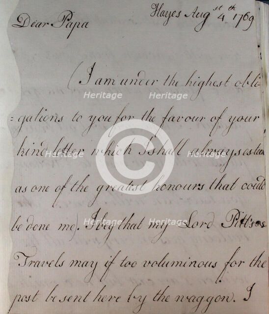 Letter from William Pitt, 1769. Creator: William Pitt the Younger.