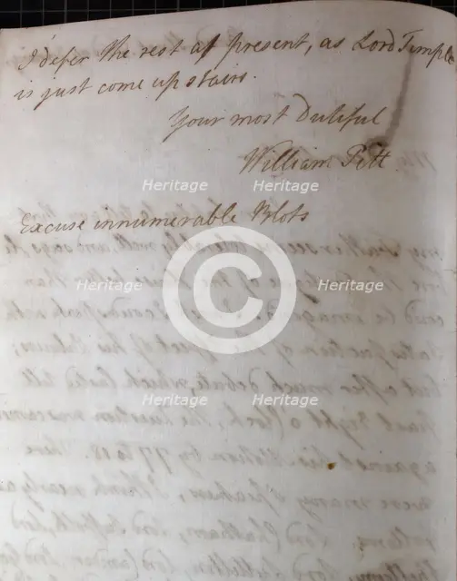 Letter from William Pitt, 1770s. Creator: William Pitt the Younger.