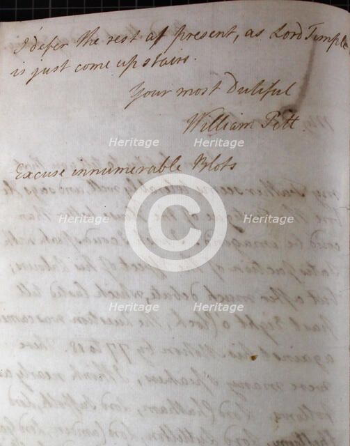 Letter from William Pitt, 1770s. Creator: William Pitt the Younger.